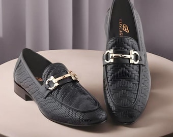 Handgemaakte zwart geweven leren loafers voor heren Luxe Horsebit-instappers Elegante formele schoenen