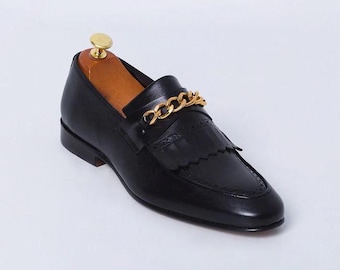Black Leather Kiltie Loafers for Men | Slip On Dress Shoes | Formal Men's Shoe | Handmade Leather Loafer