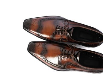 Men's Handmade Leather Shoes Brown Oxford Lace Up Wingtip Formal Dress Shoe