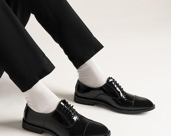 Handmade Patent Leather Oxford Shoes: Black Glossy Wholecut Dress Shoes