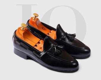 Op maat gemaakte schoenen heren zwarte kleur puur lederen instappers handgemaakte schoenen