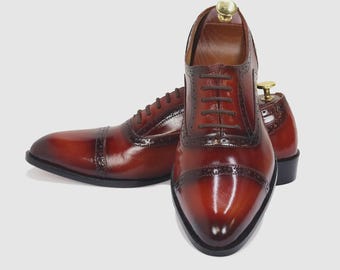 Handmade Men's Burgundy Leather Oxford Shoes: Formal Dress Shoes