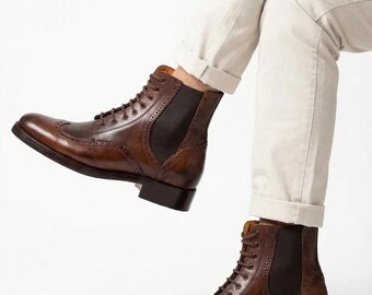 Handmade Brown Leather Brogue Boots: Wingtip Lace-Up Ankle Boots