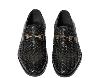 Zwart geweven leren herenloafers – handgemaakte instapschoenen