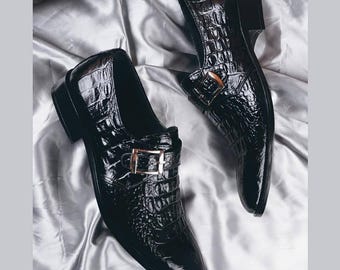 Handmade Black Alligator Crocodile Leather embossed Single Monk Strap Shoes – Luxury Dress Shoes Men