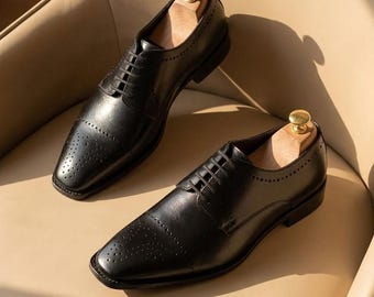 Handmade Black Leather Oxford Brogue Shoes: Men's Formal Dress Footwear