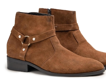 Botines altos de ante marrón hechos a mano / Diseño Madrid con correa de ante marrón / Zapatos elegantes para hombre / Calzado clásico hecho a mano