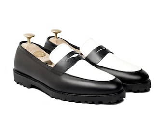 Handmade Men Black & White Leather Moccasins Dress Shoes, Office Mens Loafers