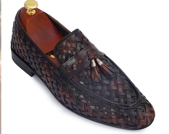 Handmade Woven Leather Loafers | Men's Tassel Shoes