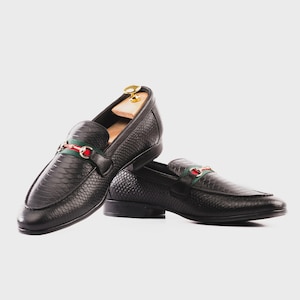 Handmade Black Python Textured Cowhide Leather Loafers for Men | Slip-On Goodyear Welted Moccasins