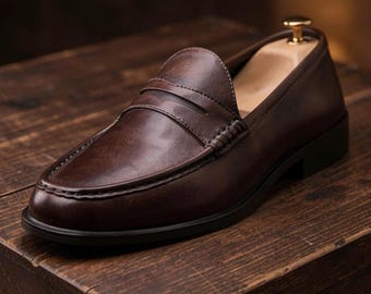 Handgemaakte donkerbruine leren penny loafers klassieke instappers voor heren