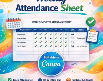 Afdrukbare pdf aanwezigheidsregistratie, wekelijks aanwezigheidslogboek medewerkers, bewerkbare Canva-sjabloon, HR-spreadsheet