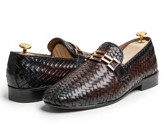 Mocassins pour hommes en cuir tressé marron, chaussures habillées à enfiler tressées faites main