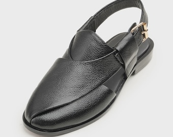 Handgemaakte zwarte leren peshawari-sandalen | Pakistaanse Chappal