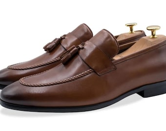 Handmade Brown Calf Leather Tassel Loafers – Men’s Classic Dress Shoes