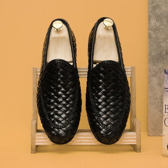 Handmade Men’s Black Woven Leather Loafers – Luxury Slip-On Dress Shoes, Formal & Office Wear