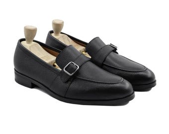 Mens Black Leather Monk Strap Shoes | Handmade Single Monk Dress Shoes | Classic Formal Footwear | Custom Size