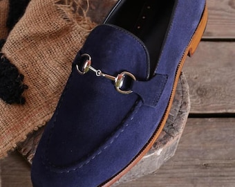 Men's Navy Blue Suede Leather Horsebit Loafer Shoes, Formal Handmade Footwear