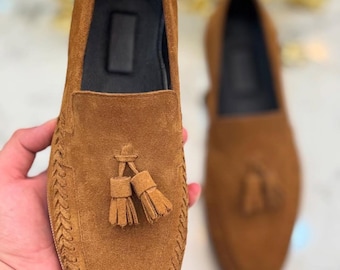 Handmade  Brown Suede Tassel Loafers: Leather Slip-On Dress Shoes