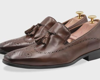 Handmade Brown Leather Tassel Loafers for Men – Wingtip Brogue Slip-On Formal Dress Shoes