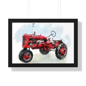 Vintage Farmhall Tractor Framed Wall Art,  24x16,  Farm Decor, Farmhouse Style, Home Decor,  Farmer Gift, Red Tractor