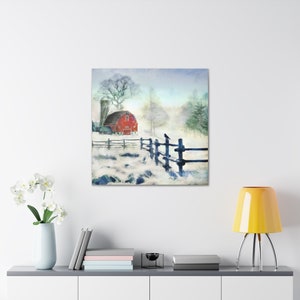 Winter Farm Scene on Canvas, Our Original Artwork, Farmhouse Style, Home Decor, Red Barn, Fence with Bird in Snow