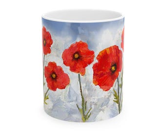 Red Poppies Floral Ceramic Mug | Original Artwork, 11oz Coffee Cup