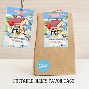 Editable Bluey Thank You Tags for Birthday Party,Bluey and Bingo Party Favor Tags for Kids, Blue Dog Birthday Thank You Tags,Canva Template