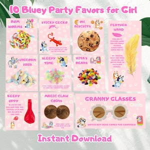 10 bomboniere modificabili Bluey per feste per bambine, bomboniere Blue Dog per feste per bambini, regalo Blue and Bingo Bundle per feste per bambine, modello Canva