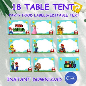 Fête d'anniversaire modifiable d'étiquettes de nourriture de Super Mario, tente imprimable de nourriture de Mario, étiquettes de cadeau, lot de nourriture de Mario Bros, téléchargement instantané, toile