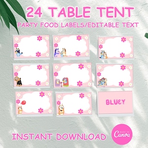 Editável 24 Designs Bluey Food Labels Festa de Aniversário, Blue Dog Party Pink Place Card, Decoração de Festa Barraca de Comida, Artigos para Festa Favor Center Card