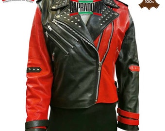 Red Cowhide Leather Jacket Women, Punk Leather Jacket, Studded Leather Jacket