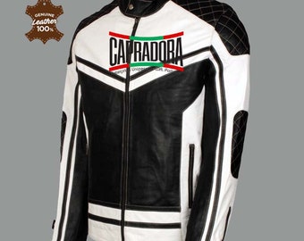 Black And White Leather Jacket Biker Jacket white Leather Jacket Men With Strips Quilted Lining Genuine Leather