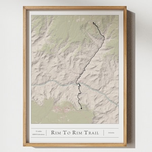 Mapa de senderos Rim to Rim: impresión artística para caminatas por el Gran Cañón, regalo de aventuras, mapa topográfico, decoración para excursionistas, arte mural para exteriores, mapa de senderos