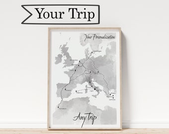 Benutzerdefinierte Aquarell Reisekarte | Abenteuer Roadtrip Illustrierte Karte | Personalisierte Location Route Souvenir Print | Wanderlust Wandkunst