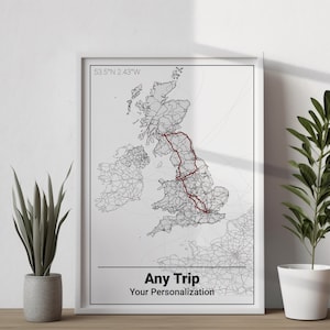 Impresión de recuerdo de viaje personalizada / Mapa de viaje personalizado / Póster de viaje por carretera de aventuras único / Arte de pared personalizable con tema de Wanderlust