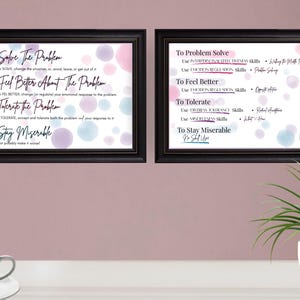 May include: Two framed prints with black frames. The left print has text that reads "Solve The Problem" and "Feel Better About The Problem". The right print has text that reads "To Problem Solve" and "To Feel Better". Both prints have watercolor-style pastel accents.