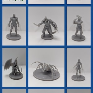 May include: A collection of 10 grey plastic miniature figurines, including a goblin, a knight, a spider, a woman with wings, a woman with a sword, a man with wings, a woman with a goblet, a man with an axe, a man with a spear, and a man with a sword. The text "Free Goblin! In every bag!" is printed on the image.