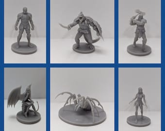 May include: A collection of 10 grey plastic miniature figurines, including a goblin, a knight, a spider, a woman with wings, a woman with a sword, a man with wings, a woman with a goblet, a man with an axe, a man with a spear, and a man with a sword. The text "Free Goblin! In every bag!" is printed on the image.