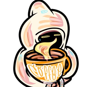 Puede incluir: Ilustración de un personaje de dibujos animados sosteniendo una taza de café naranja humeante. La taza tiene la palabra "coffee" escrita. El personaje lleva un atuendo con capucha color crema con ojos negros y una expresión sonriente.