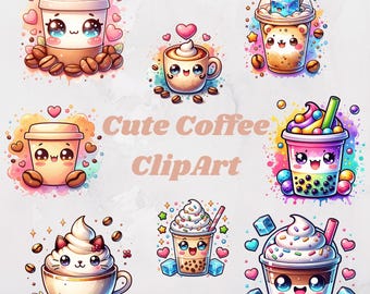 Cute Watercolor Coffee Theme Clipart - Coffee Love, Cute Adorable Coffee Cups, Kawaii Illustration -Instant Download for Commercial Use