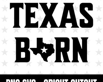 May include: Black and white graphic design featuring the text "TEXAS BORN" and an outline of the state of Texas with a star inside. The design is on a white background with a pattern of grey stars.