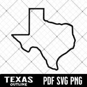 Pode incluir: Esboço preto e branco do estado do Texas. O texto "Texas Outline" está abaixo da imagem. O texto "PDF SVG PNG" está abaixo do esboço.