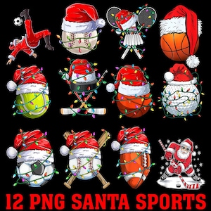 12 Santa Sports PNG Bundle, Christmas Balls Clipart, Baseball, Soccer, Basketball, Football, Holiday Sublimation, Digital Download