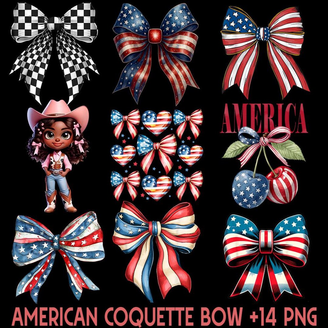 14 PNG Coquette American Girl & Bow Bundle, 4th of July Shirt ...