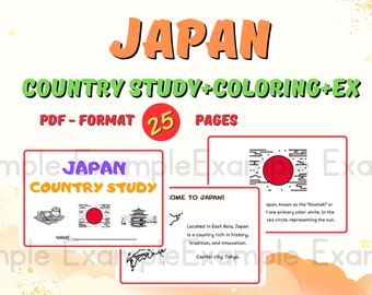 May include: A printable PDF workbook for learning about Japan. The cover features a red, white, and black illustration of the Japanese flag, a traditional Japanese building, and a tea set. The title "Japan Country Study" is in purple text. The text "PDF-Format 25 Pages" is in red text. The workbook is designed for children and includes coloring pages and exercises.