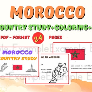 May include: A printable coloring book for kids about Morocco. The cover features the text "MOROCCO COUNTRY STUDY+COLORING+EX" in green and orange letters. The text "PDF - FORMAT 24 PAGES" is also included. The cover also features a map of Morocco, the Moroccan flag, and a building.