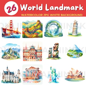 26 Around The World Famous Landmarks watercolor JPG white background