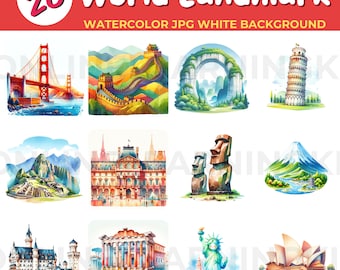 26 Around The World beroemde bezienswaardigheden aquarel JPG witte achtergrond