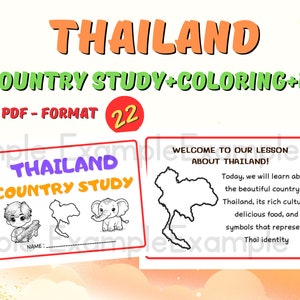 May include: A black and white printable worksheet for a country study about Thailand. The worksheet includes a map of Thailand, a cartoon elephant, and a cartoon person. The text "Thailand Country Study" is at the top of the worksheet. The text "Welcome to our lesson about Thailand!" is at the top of the second worksheet. The text "Today, we will learn about the beautiful country of Thailand, its rich culture, delicious food, and symbols that represent Thai identity" is below the map.